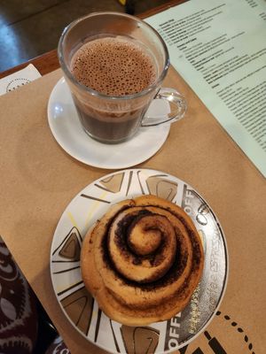 cinnamon bun and hot chocolate! at Padoca Vegan in Sao Paulo