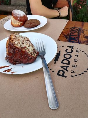 Chocolate cake, hazelnut cookie, "sonho" sweet cake at Padoca Vegan in Sao Paulo