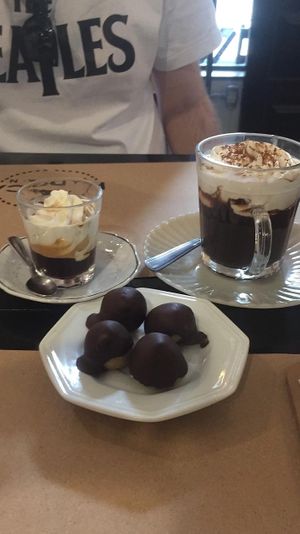Espresso c/ chantilly + chocolate c/ chantilly + carolinas at Padoca Vegan in Sao Paulo