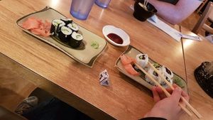 Kappa maki (left) and edamame rolls (right) at Suehiro Cafe in Los Angeles