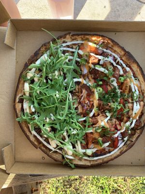 Half cheeky vegan and half BBQ jackfruit at Riptide Pizza in Woolgoolga