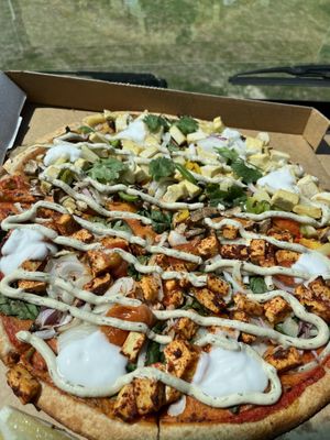 Half and half tofu satay and tandoori   at Riptide Pizza in Woolgoolga