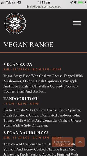 Vegan menu 1 at Riptide Pizza in Woolgoolga