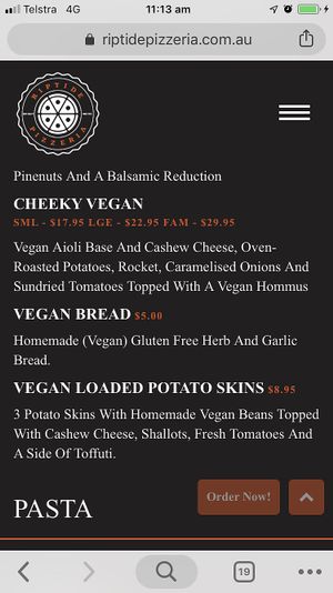 Vegan menu 3 at Riptide Pizza in Woolgoolga