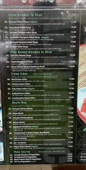 Menu at Tempura Japanese Cafe in Elsternwick