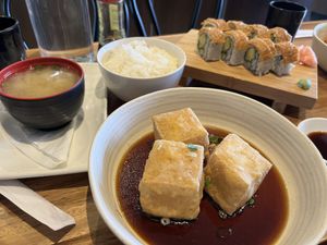 Agadashi tofu, miso soup and sushi veggie roll  at Tempura Japanese Cafe in Elsternwick