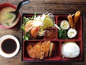 Vegan katsu bento box at Tempura Japanese Cafe in Elsternwick