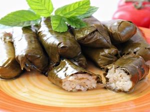 Vine leaves, warak inab stuffed with rice and marinated in fresh lemon juice and olive oil  at The Olive Branch in Wivenhoe