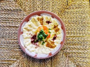 Baba Ghanouj, chargrilled aubergine with tahini sauce and seasonings  at The Olive Branch in Wivenhoe
