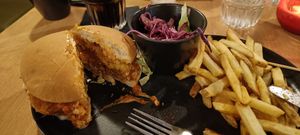 Zinger Burger, slaw, and skinny fries at Down the Hatch in Liverpool