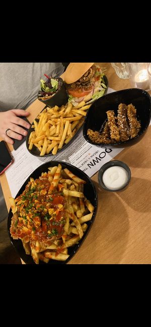 Loaded fries and the chicken strips. Mushroom burger. So good.  at Down the Hatch in Liverpool