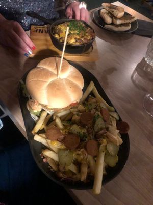Zinger burger with Bavarian Fries & Moussaka with garlic bread at Down the Hatch in Liverpool