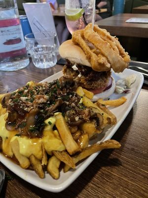 Apple Jack burger and poutine loaded fries  at Down the Hatch in Liverpool