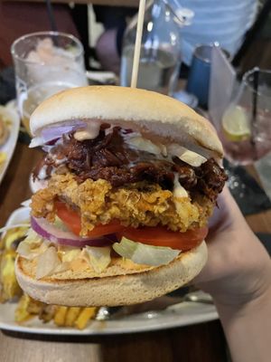 Apple Jack burger (jackfruit and Seitan)  at Down the Hatch in Liverpool