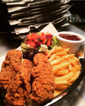 seitan strips and chips! zinger or original, strips of burger!!  at Down the Hatch in Liverpool
