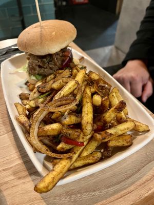Salt & pepper burger with salt & pepper chips (down the hatch menu)  at Down the Hatch in Liverpool