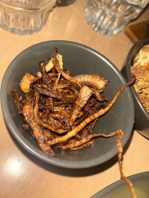Crispy onions on the side from the poutine   at Down the Hatch in Liverpool