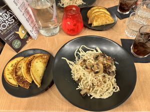 Carbonara and garlic breadd  at Down the Hatch in Liverpool