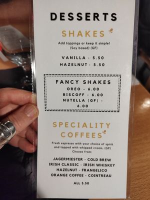 Dessert menu at Down the Hatch in Liverpool