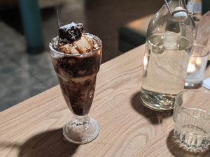 Wonderful vegan hazelnut ice-cream sundae with chocolate brownie  at Down the Hatch in Liverpool