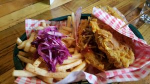 Double take double seitan burger minus the bun and fries at Down the Hatch in Liverpool