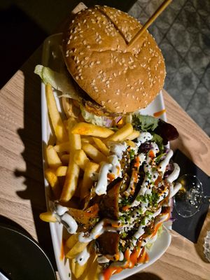 Zinger burger with upgraded loaded fries (kebabish - exceptional Donner alternative) at Down the Hatch in Liverpool