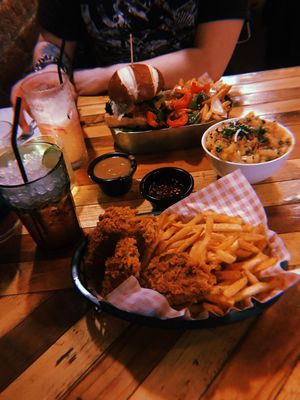 Mac n cheese, ‘strips chips and dip’ & tofu burger with salt n pepper fries  at Down the Hatch in Liverpool