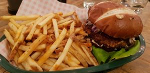 Burger and fries at Down the Hatch in Liverpool