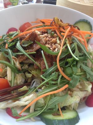 Lemongrass tofu noodle bowl with peanuts &  salad. at Chi Oh in Berlin