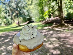Portland fog - the cream is great but the frosting is too sweet at Doe Donuts in Portland