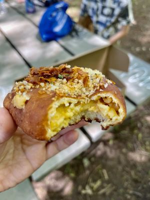 Amazing monthly special - bacon Mac and cheese donut! It was great! at Doe Donuts in Portland