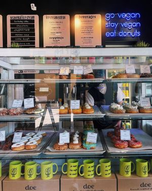 Interior display case with donut variety and merchandise. at Doe Donuts in Portland