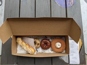 Lime Coconut Twist, Cookie Butter Cup, Zucchini Chip, Tiramisu Filled at Doe Donuts in Portland