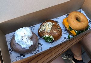 Portland fog, “Everything” donut (savoury, seasonal flavour), breakfast sammy (savoury)  at Doe Donuts in Portland