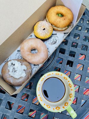 Portland fog, salted vanilla, mango tajin (skip!!), breakfast Sammy (our favorite but greasy)  at Doe Donuts in Portland