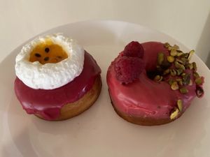 passionfruit hibiscus and raspberry pistachio at Doe Donuts in Portland