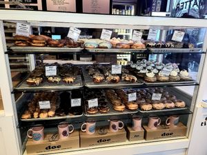 Bakery case filled with their donuts at Doe Donuts in Portland