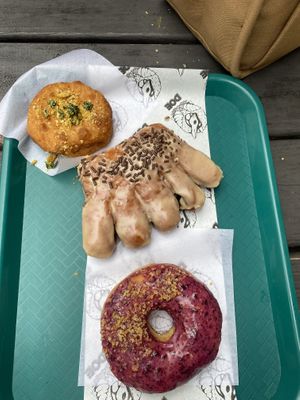 elote donut, chocolate espresso bear claw, blueberry donutt  at Doe Donuts in Portland