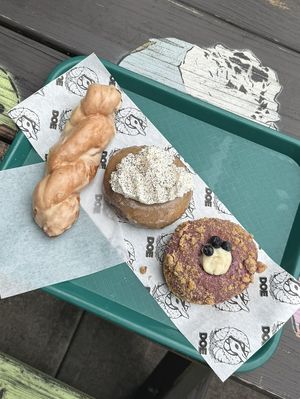 maple twist, portland fog, and blueberry coffee cake  at Doe Donuts in Portland