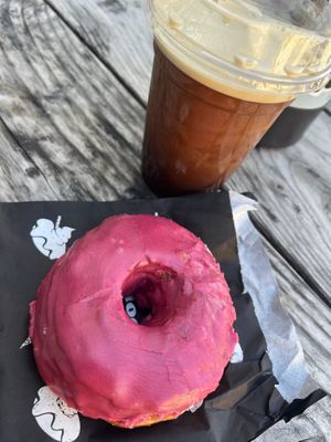 Ginger hibiscus donut & nitro cold brew on tap  at Doe Donuts in Portland
