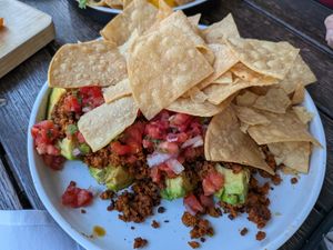 Vegan chorizo stuffed avocado at Mountain Madre in Asheville