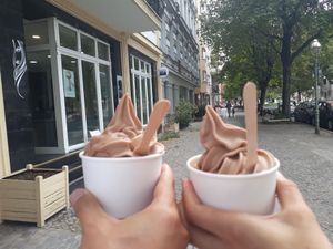 Nougat soft ice cream. at Attila Hildmann Organic Snackbar I in Berlin