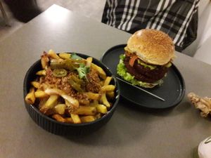 Chili cheese fries and chili cheese burger   at Attila Hildmann Organic Snackbar I in Berlin