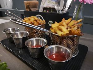 Fries came with ketchup and some mayo (?) dip at Attila Hildmann Organic Snackbar I in Berlin