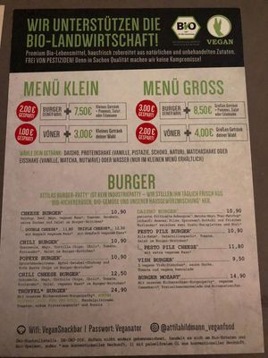 Speisekarte Feb. 2020 at Attila Hildmann Organic Snackbar I in Berlin