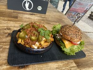 Cheeseburger and chili cheese fries  at Attila Hildmann Organic Snackbar I in Berlin