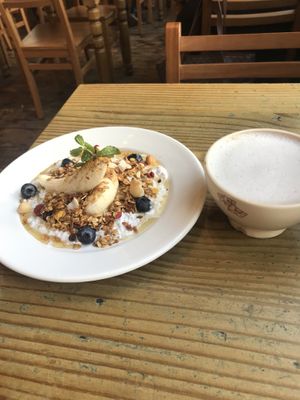 Banana detox breakfast and coffee with vegetable milk   at Le Pain Quotidien - Lorena in Sao Paulo