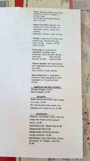 Menu at Sherpa Cafe in Gunnison