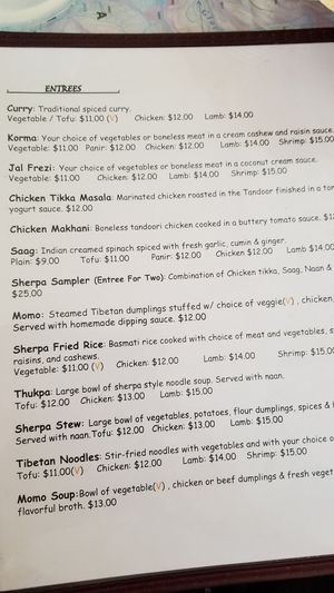 Dine in menu at Sherpa Cafe in Gunnison