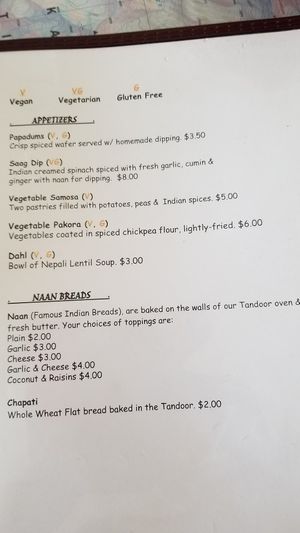 Dine in menu at Sherpa Cafe in Gunnison